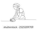 Bakery workers kneading dough in continuous one line drawing. Single line art illustration of chef rolling dough using wooden rolling pins. Editable vector.