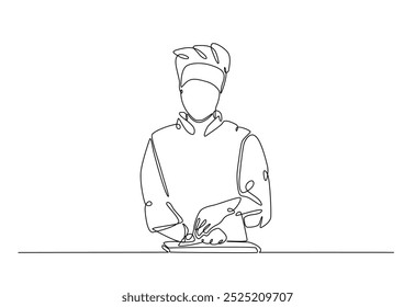 Bakery workers kneading dough in continuous one line drawing. Single line art illustration of chef rolling dough using wooden rolling pins. Editable vector.