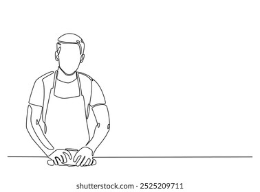 Bakery workers kneading dough in continuous one line drawing. Single line art illustration of chef rolling dough using wooden rolling pins. Editable vector.