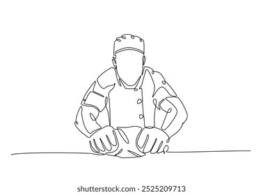 Bakery workers kneading dough in continuous one line drawing. Single line art illustration of chef rolling dough using wooden rolling pins. Editable vector.