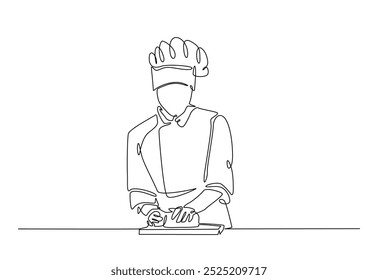 Bakery workers kneading dough in continuous one line drawing. Single line art illustration of chef rolling dough using wooden rolling pins. Editable vector.