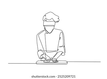 Bakery workers kneading dough in continuous one line drawing. Single line art illustration of chef rolling dough using wooden rolling pins. Editable vector.