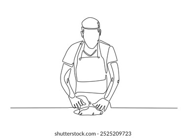 Bakery workers kneading dough in continuous one line drawing. Single line art illustration of chef rolling dough using wooden rolling pins. Editable vector.