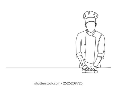 Bakery workers kneading dough in continuous one line drawing. Single line art illustration of chef rolling dough using wooden rolling pins. Editable vector.