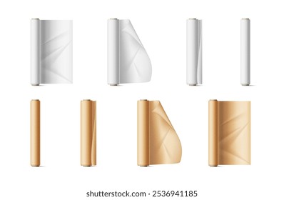 Bakery wrapping paper, papyrus roll roll of foil. Vector illustration of papyrus package sheet, towel with recycle paper, cooking wrapping parchment. Baking paper roll, bakery packaging kitchen object