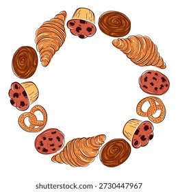 Bakery wreath pastry in flat style. Border with croissant, bun, pretzel, muffin, cookie, cinnamon roll on white background for menu, poster, invitation and bakery branding.