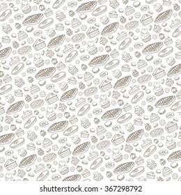 Bakery,Cakes ,pie ,dessert,pastries  pattern.Doodle vector.Linear vintage icons,sweet elements background for menu,cafe shop. Flat hand drawn vintage collection.Backdrop,fabric,wallpaper