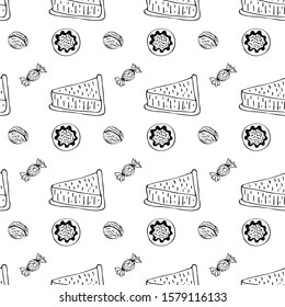 Bakery,Cakes,dessert,pastries linear pattern.Doodle vector.Vintage food icons,sweet elements background for menu,cafe shop.Flat hand drawn vintage set.Bakery,Cakes,dessert,pastries.Backdrop,wallpaper