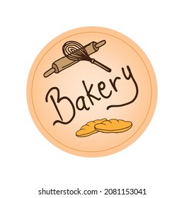 bakery-hand drawn lettering with bread, wisk and rolling pin illustration on white background. hand drawn vector. doodle art for business logo, label, poster, banner, cover, sticker, advertising. 