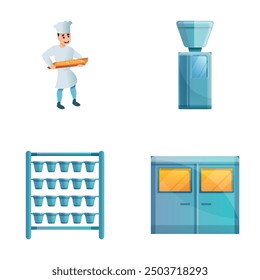 Bakeshop icons set cartoon vector. Male baker preparing bread and bun. Bakery production