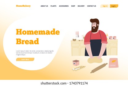 Bakeshop Landing Page Template Design mit flachem Stil Charakter. Der Mensch knetet Teig und backt Brot. Cartoon Concept Vektorgrafik. 