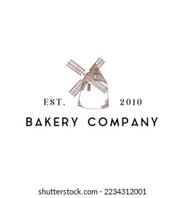 Bakeshop-Logo mit Windmühle-Illustration in Vektorgrafik, Bakery Company typografische Plakate, Brot Vintage-Emblem, Etikett