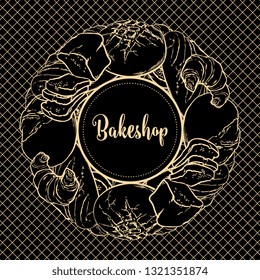 Bakeshop round decorative element with baked bread, long loaf and croissants in light brown line sketch style isolated on dark background - vector illustration of hand drawn baking products.