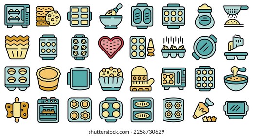 Los iconos de Bakeware establecen el vector de contorno. Silicón de molde. Colores de cocción de hormigón en blanco aislado