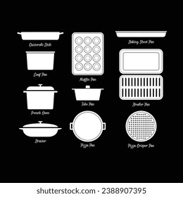 Bakeware set silhouette flat vector. Bakeware set icon on black background for web. Cooking utensil set for kitchen concept. Kitchen gadgets. Kitchenwares using in a oven