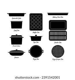 Bakeware set silhouette flat vector on white background. Cooking utensil icon set. Kitchen gadgets for web. Kitchenwares using in a oven