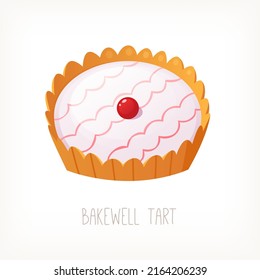 Bakewell tart traditional delicious English dessert with plain dough raspberry jam and almond custard cream decorated with feather icing and a berry on top. Isolated vector image