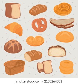 bakey breads food icons set