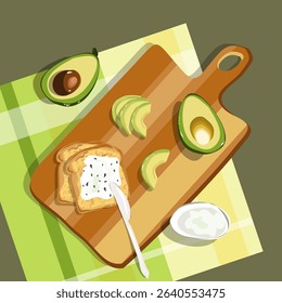Bakground with diifferent pieces of avocado on the cutting board and kitchen towel. Bright green whole fruit , half, slice, with bone. Products for healthy diet.