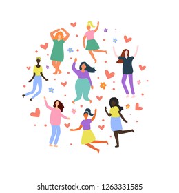 Bakground with multiracial women of different figure type and size dressed in comfort wear. Female cartoon characters with hearts. Body positive movement and beauty diversity. Vector illustration
