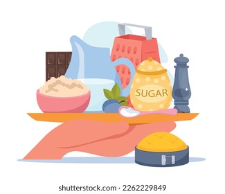 Baking abstract design concept with food ingredients spices tools and utensil flat vector illustration