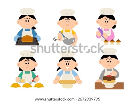 Baking Activities illustration.  A collection of bakers in various stages of cooking. Cartoon style flat vector clip art. 