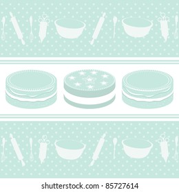 Baking background with cakes and equipment on a polka-dot background