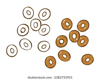 Baking bagels. Wheat flour confectionery. Delicious healthy food. Bakery design element. Vector isolated art illustration. Sketch black and white and color. Hand drawn line