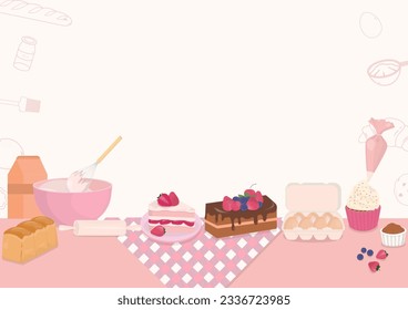 Baking bakery background. Cake, bread, bakery ingredients, and kitchen towel on the table with bakery outline icons on white background. 