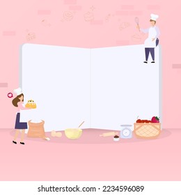 Baking bakery background concept. The male chef sitting on a book, and the female chef holding a lemon cake with utensils and space for copy text.