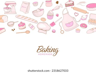 Baking bakery background. Kitchen utensils, ingredients, and baked goods with copy space. Hand-drawn and cartoon style.