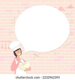 Baking bakery banner.Text box with space for copy text and bakery outline icons. Woman chef  holding a bowl with a brick wall background.