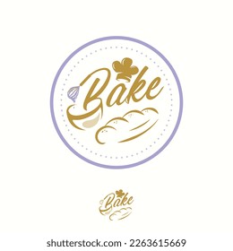 Baking bakery cooking logo design with bread, cream, wire whisk vector. Chef hat icon. Bake lettering logo design