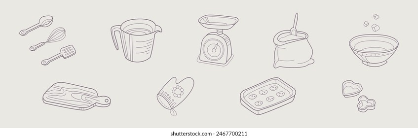 Baking and Bakery Equipment and Tool Flat Line Vector Set