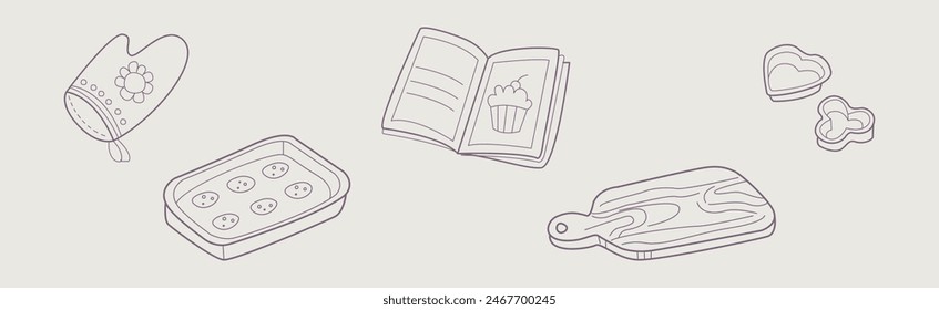 Baking and Bakery Equipment and Tool Flat Line Vector Set