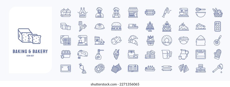 Baking and Bakery food icon set, including icons like Cake, Apron, Baking tray and more