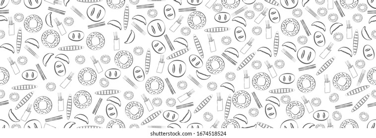  Haciendo. Panadería de fondo blanco. Ilustración vectorial, patrón transparente.