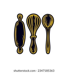 Baking bakery utensil tools hand drawn doodle. Rolling pin, whisk, spoon. Vector line drawing icon sticker illustration