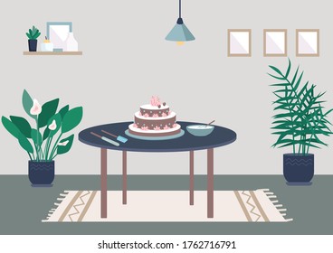 Ilustración vectorial de color plano de torta de cumpleaños. Receta de bricolaje para cocinar en casa. Espacio para el hobby creativo. Preparación de pasteles. Interior de dibujos animados en 2D de cocina con decoración de fondo