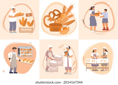 Baking bread at the bakery and happy customers composition set isolated flat vector illustration