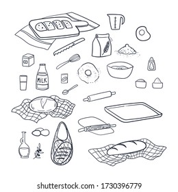 Baking bread doodles hand drawn set. Utensils for making bread. Passion for cooking.