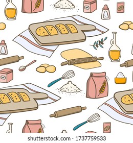 Baking bread at home, bakery cartoon doodles illustration. Hand drawn food, ingredients and dishes. 