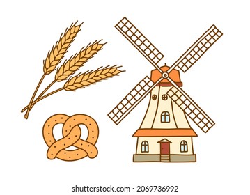 Baking bread. Mill, bread, wheat. Vector hand draw set of illustrations