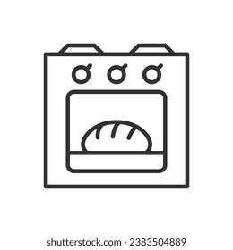 Baking bread in an oven, linear icon. Line with editable stroke