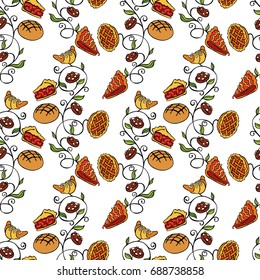 Baking: bread, pie piece, cookies, croissant. Seamless vector pattern (background).