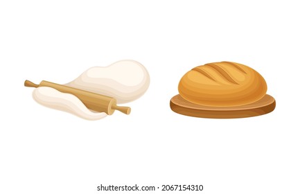 Baking bread process set. Roll out dough with rolling pin and freshly baked bread vector illustration