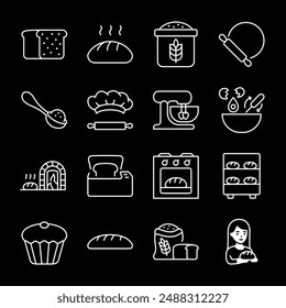 Baking bread, white line icons. Essential tools and equipment for baking bread and other baked goods. Ideal for bakers. Symbols on black background. Editable stroke.