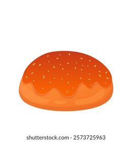 Baking bun in flat design. Round icing loaf with seeds for breakfast. Vector illustration isolated.