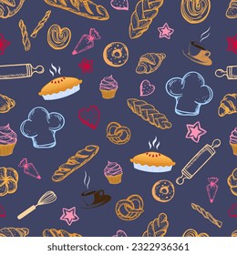 Baking, Buns, Cake, Candy, Coffee, sombrero de chef, croissant, fondo azul gris, patrón sin foco, vector