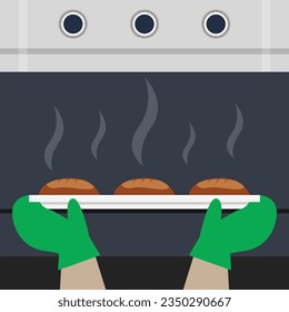 Baking buns in the oven 2d vector illustration concept for banner, website, landing page, flyer, etc